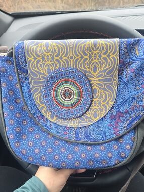 Shwe Shwe Bag Boho Blue & Gold Crossbody Bag with Beaded Medallion